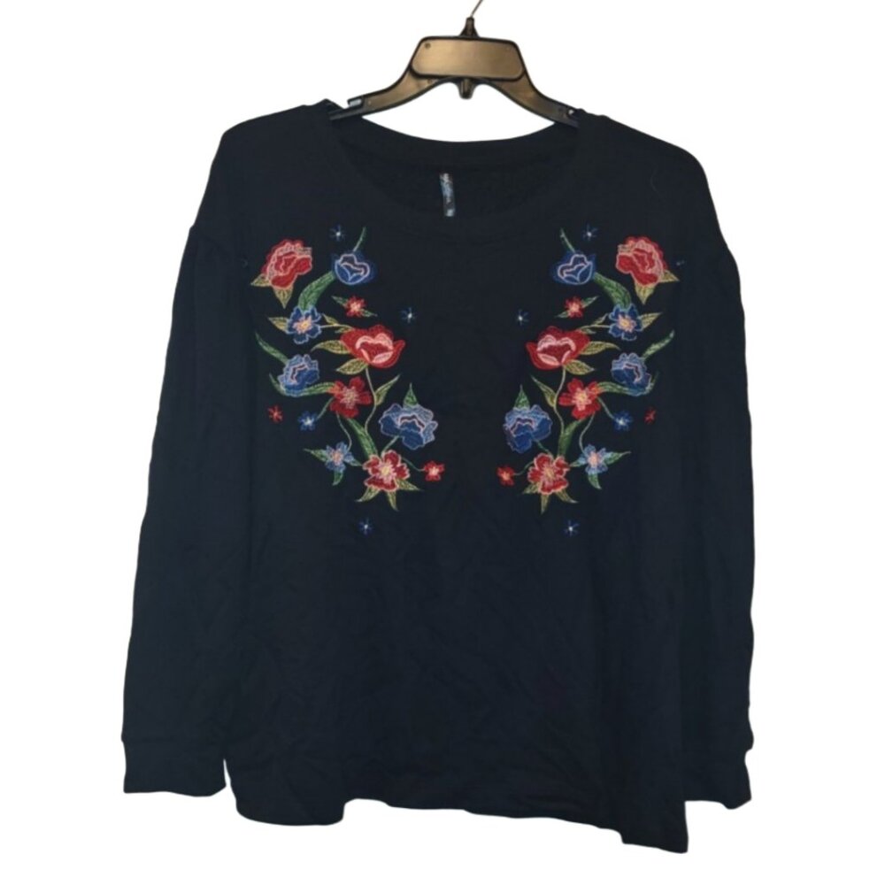Massini Floral Embroidered Sweatshirt Black NWT 2x (By Stacy London)